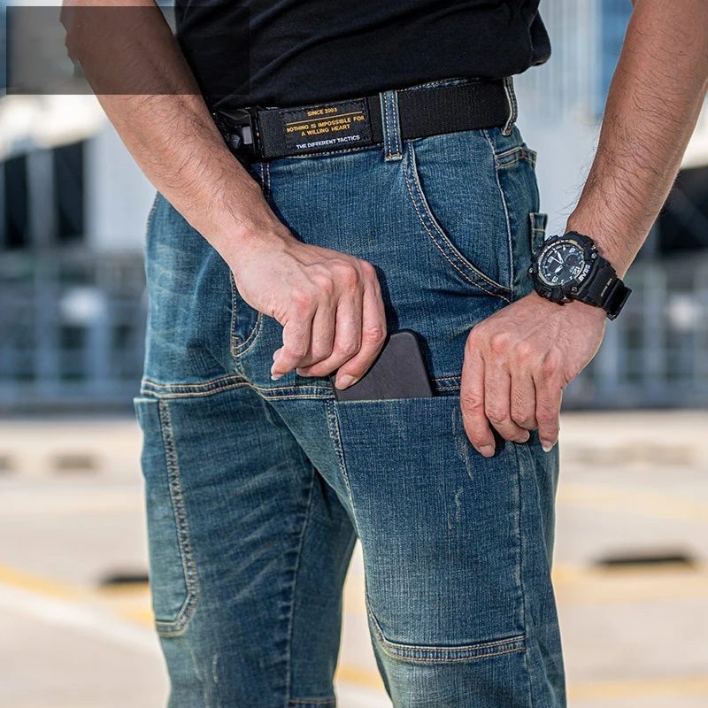 Pantalones vaqueros tácticos para hombre, Jeans rectos informales, tácticos militares, múltiples bolsillos, azul, Dimim, otoño - imagen 2