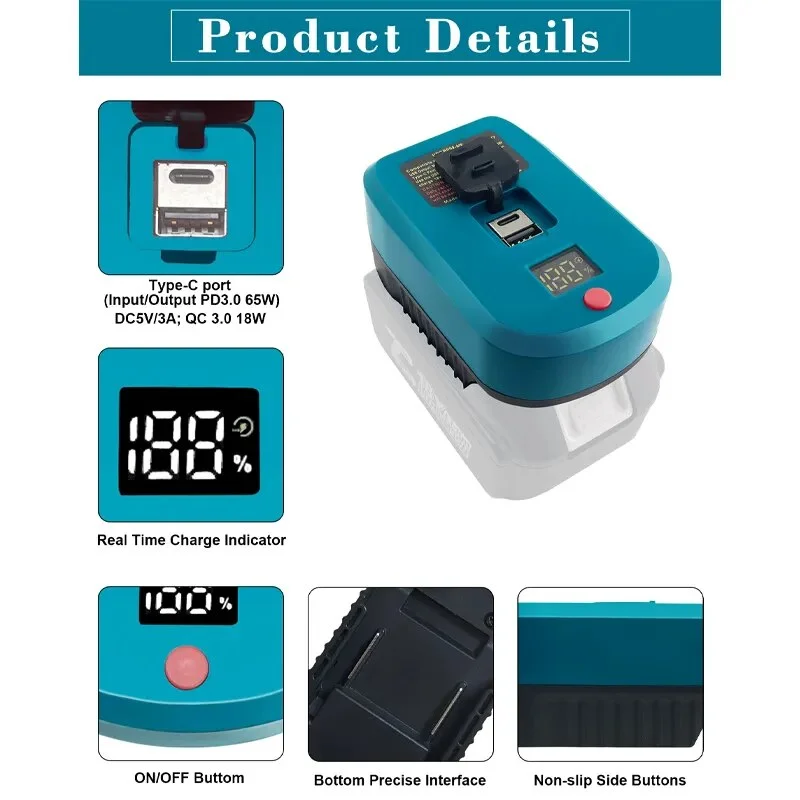 Cargador adaptador mejorado de 65W para batería iones litio Makita 18V con puerto tipo C y USB convertidor carga inverso - imagen 4