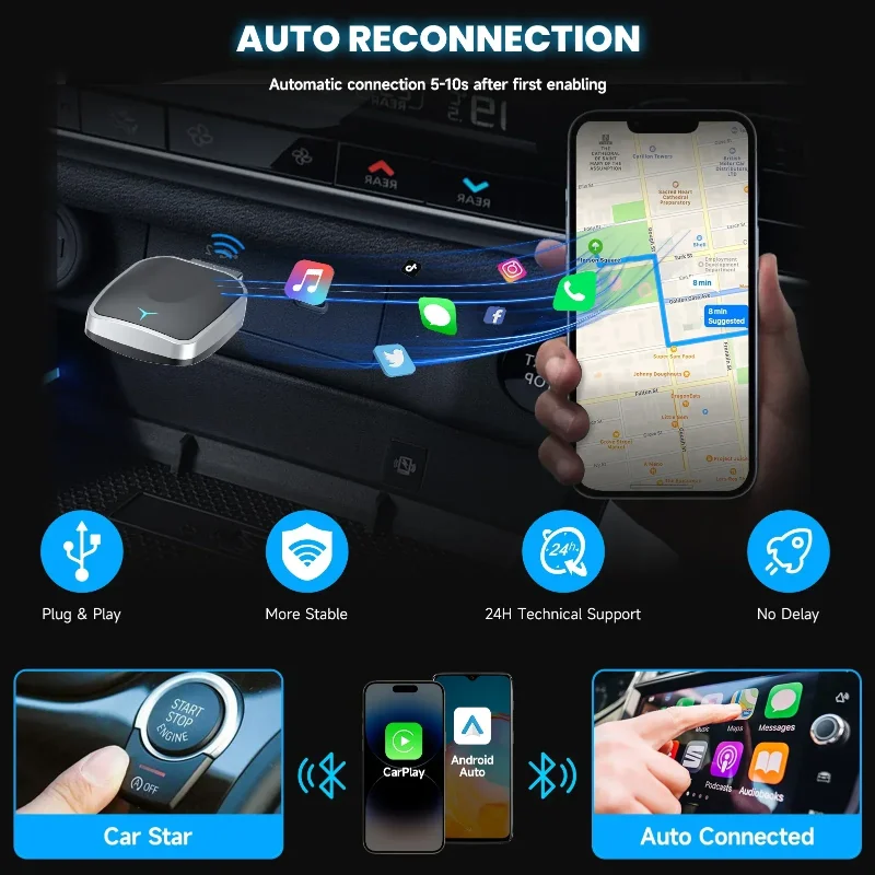 Caja adaptadora inalámbrica CarPlay: compatibilidad universal con la mayoría de los modelos de automóviles y IOS 10+, dongle USB Plug-and-Play - imagen 5