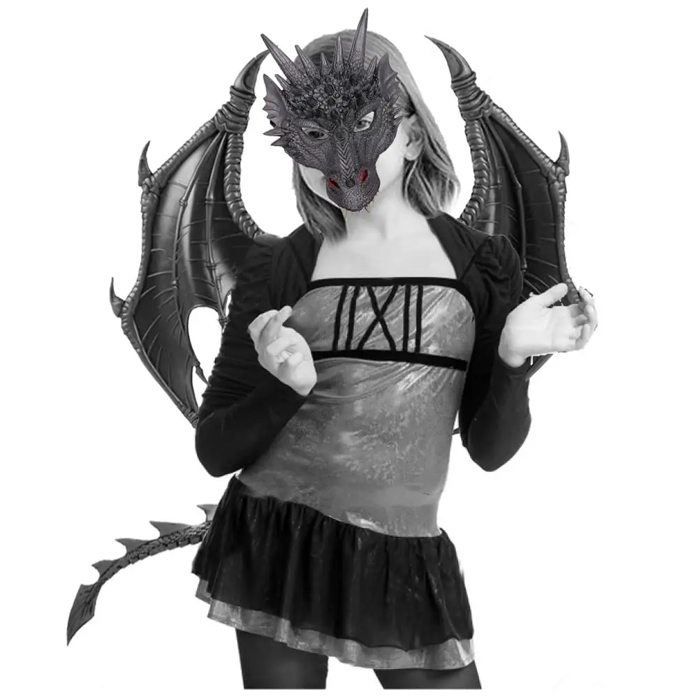 AQzxdc Alodidae Conjunto de disfraces de dragón alas del diablo cola de demonio máscara de dinosaurio para fiesta de disfraces de Halloween Cosplay - imagen 2