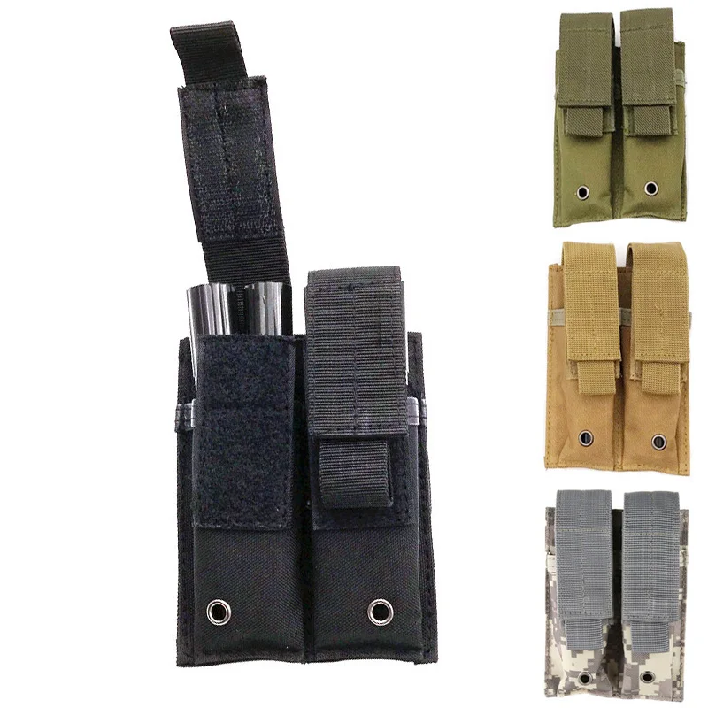 Bolsa táctica para revista de pistola de 9mm, Molle, doble cinturón, bolsa doble Mag, soporte para linterna, paquete de accesorios para pistola y caza - imagen 2