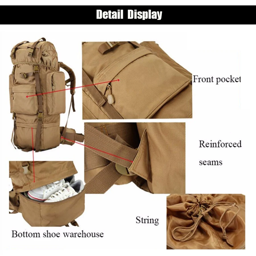 Mochila táctica de gran capacidad de 100L, impermeable 1000D, para exteriores, senderismo, Camping, escalada, mochila de viaje con marco, cubierta para lluvia - imagen 3