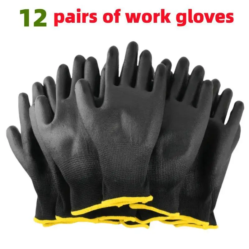 12 pares de guantes negros/grises/horticultura, guantes de trabajo de seguridad, guantes de reparación, guantes recubiertos de palma, suministros para reparadores de carpintero - imagen 3