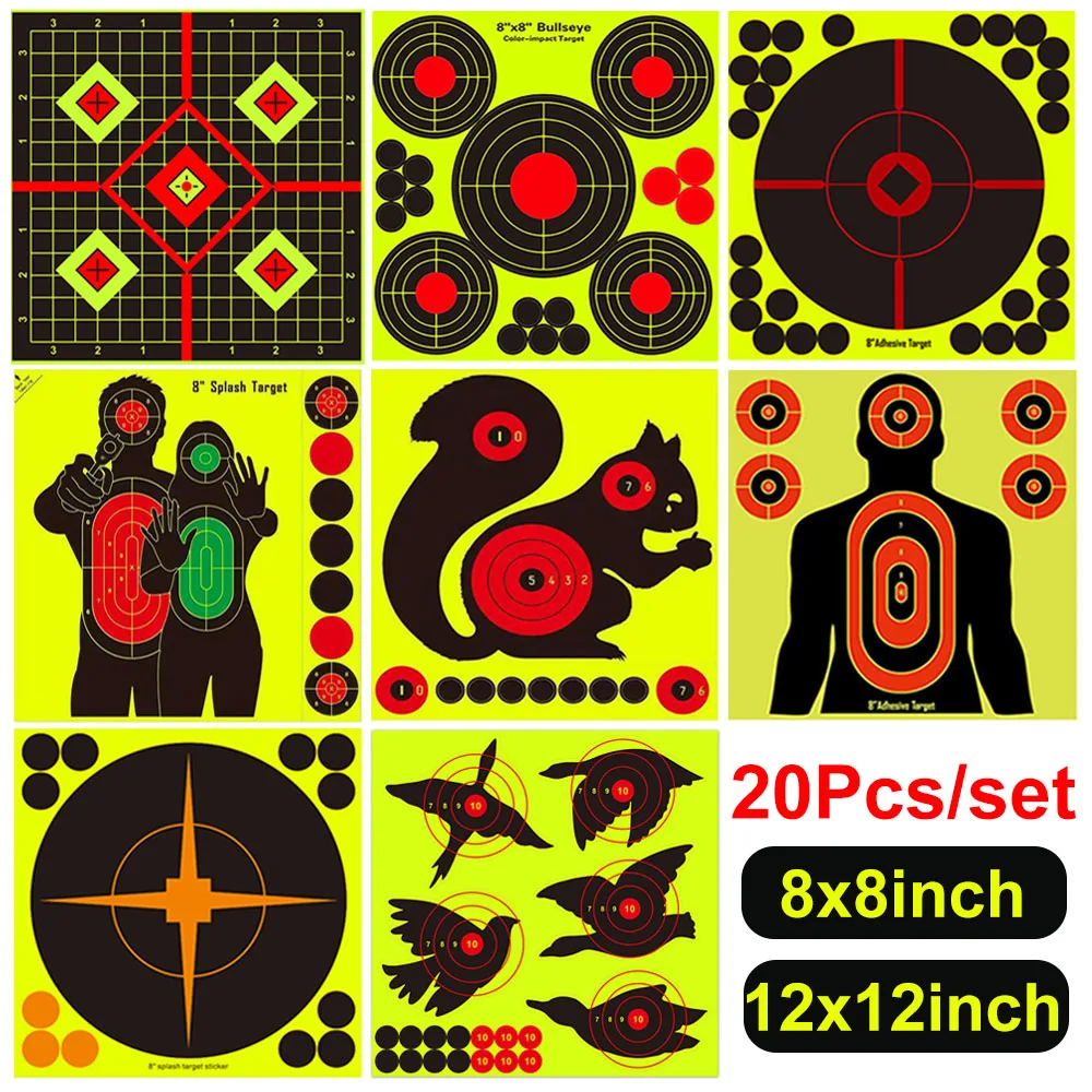 Papel de destino de tiro de 20 piezas, pegatina de objetivo de salpicaduras de 8/12 pulgadas, papel de objetivos autoadhesivo, pegatinas de objetivo de tiro fluorescentes