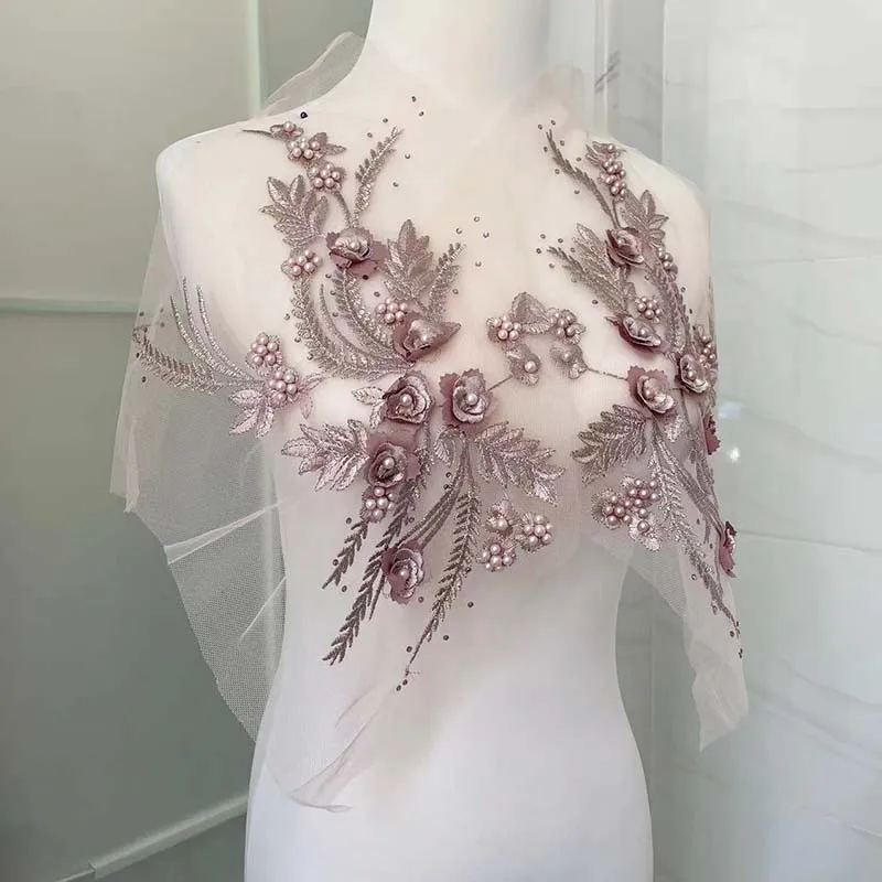 Parches de cuentas de diamantes de imitación, suministros de costura, apliques de flores 3d, tela de encaje bordado, coser parches para vestido, 1 par = 2 piezas/32x21CM