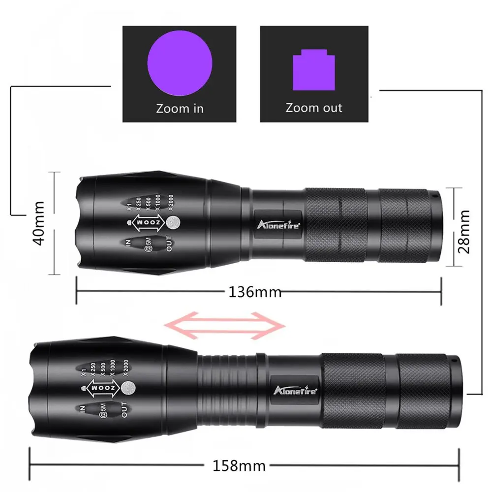 Linterna LED UV con Zoom, marcador de tinta Invisible de 365nm y 395nm, orina para perros y gatos, tiña, dinero, escorpión, luz fluorescente, uso AAA 18650 - imagen 3