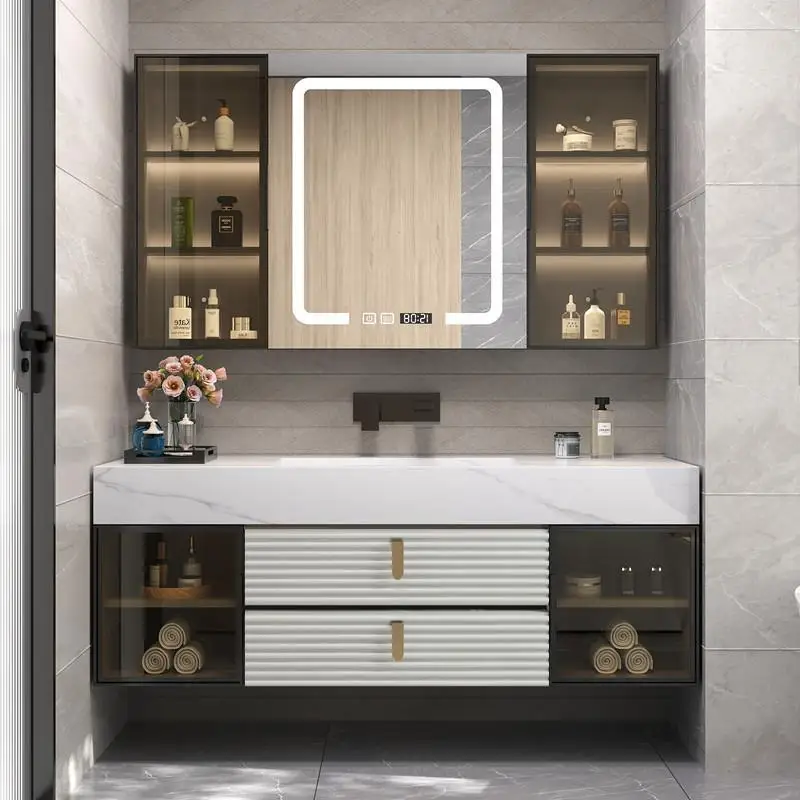 Mueble de baño de cerámica sin costuras, ligero y lujoso, combinado con lavabo integrado con placa de roca, moderno y sencillo - imagen 3