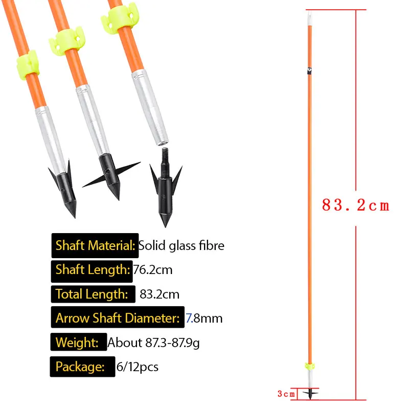 Flecha de pesca con arco OD 7,8mm, toboganes de seguridad con punta de flecha para caza, flecha de fibra de vidrio sólida, arco recurvo compuesto, pesca y caza, 6/12 Uds. - imagen 2