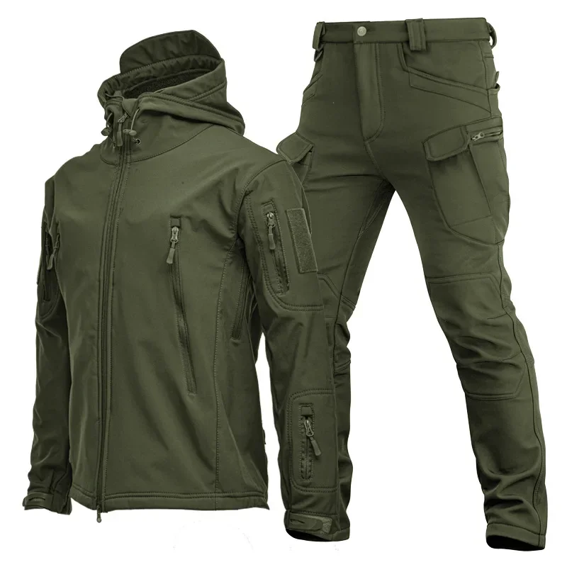 Conjunto táctico militar de piel de tiburón para hombre, chaqueta con capucha de concha suave, pantalones Cargo con múltiples bolsillos del ejército, trajes impermeables de 2 piezas, Invierno - imagen 5