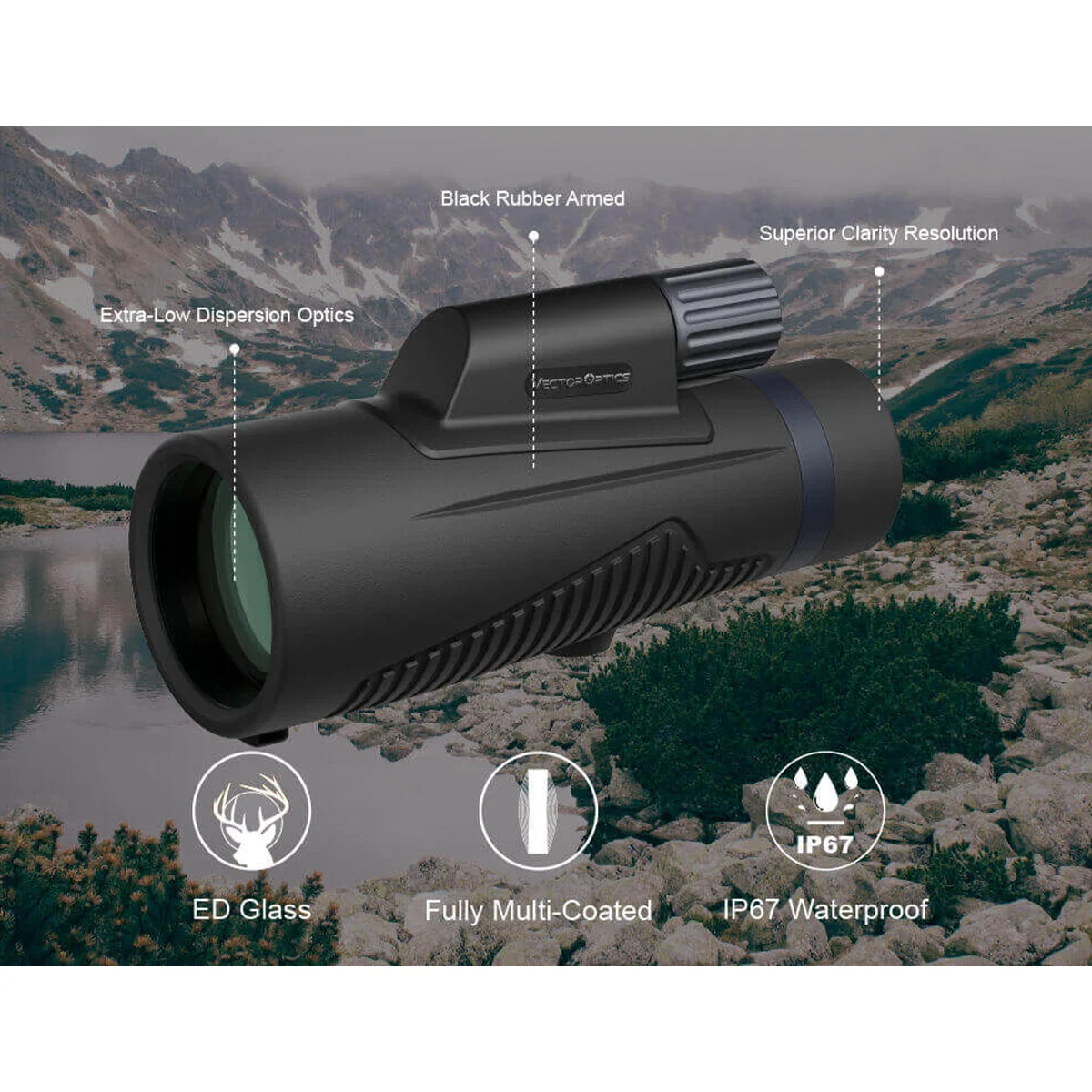 Monocular Vector Optics Forester 10x50, 6 grupos, 8 lentes con revestimiento plateado en el prisma y todas las lentes completamente multicapa ED, resistente al agua según la norma IPX7. - imagen 3