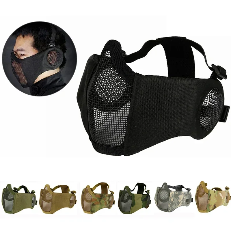Máscara táctica de media cara, malla de acero con protección para los oídos, máscaras faciales inferiores para caza, tiro, juego CS Airsoftsport - imagen 2