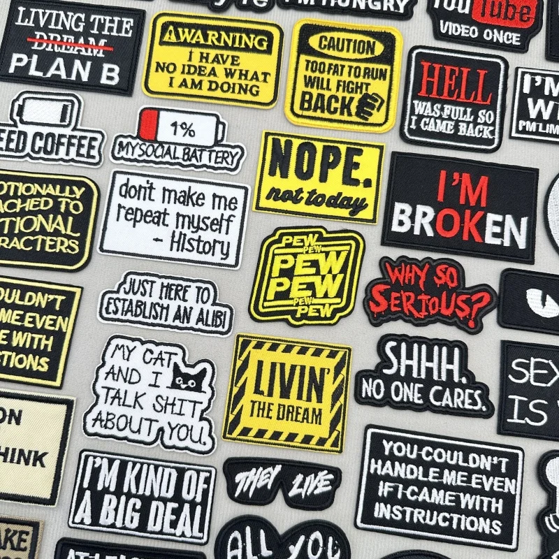 Parches de advertencia de peligro para planchar para ropa, letras de dibujos animados, parche bordado para costura en chaqueta/sombrero, pegatinas para mochila, insignias - imagen 2