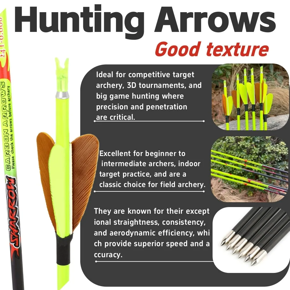 12 Uds tiro con arco Spine500 flecha de carbono puro paletas de plumas de pavo rectitud +/- 0,006 "arco compuesto recurvo objetivo de tiro de caza - imagen 5