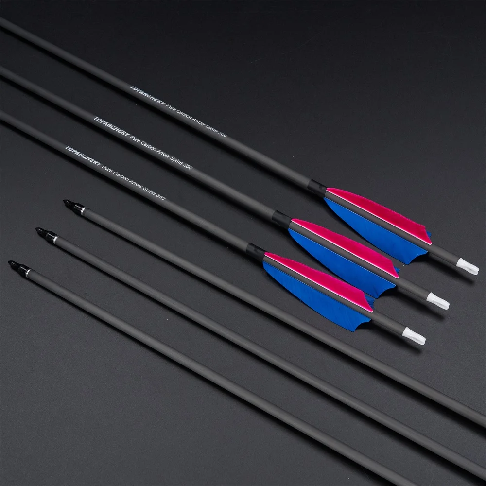 Tiro con arco 100% flechas de carbono puro 350 de columna vertebral con plumas reales de 4 pulgadas 100 puntos de grano para arco largo recurvo compuesto - imagen 4