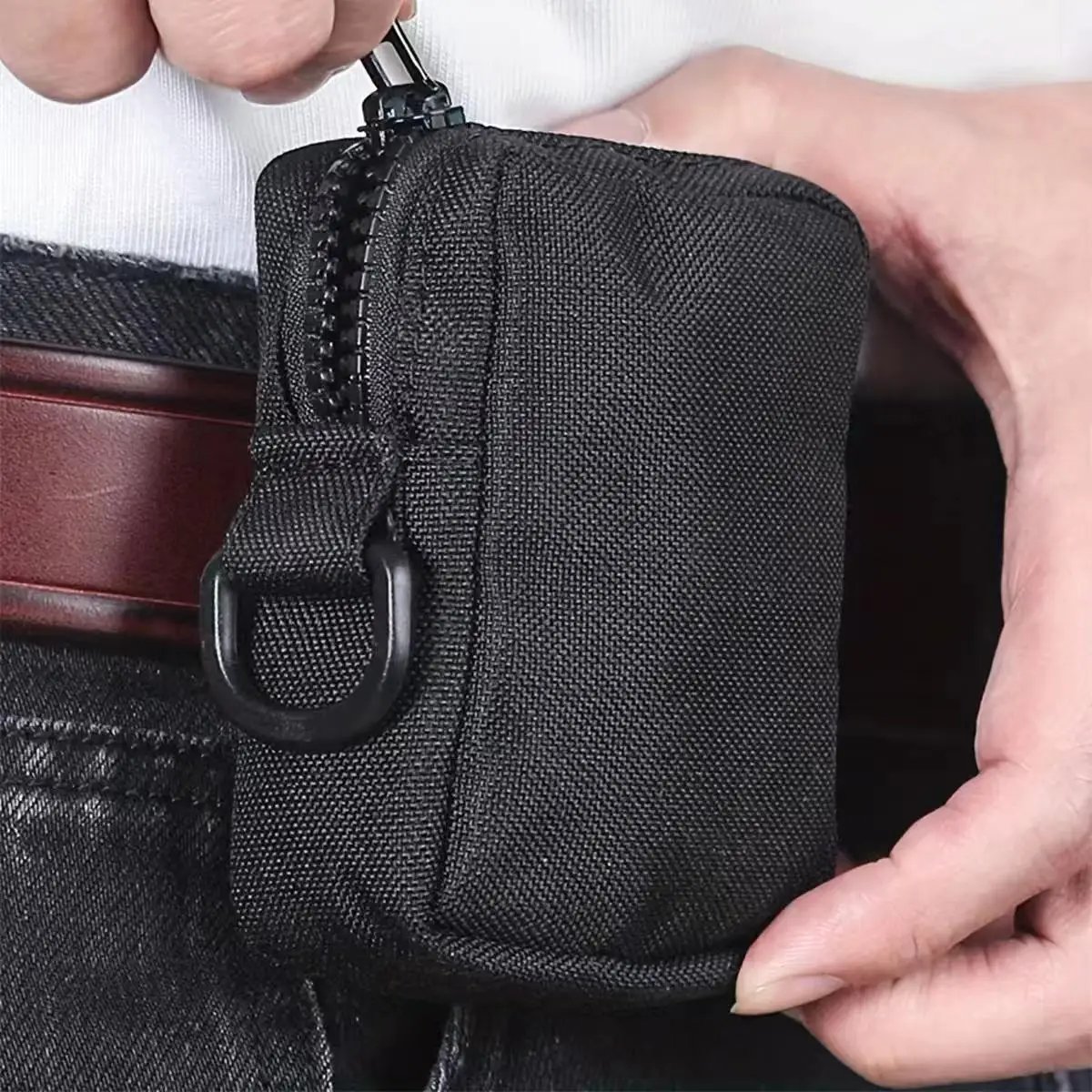 Bolsa táctica MOLLE de cintura negra, bolsillo frontal con cremallera