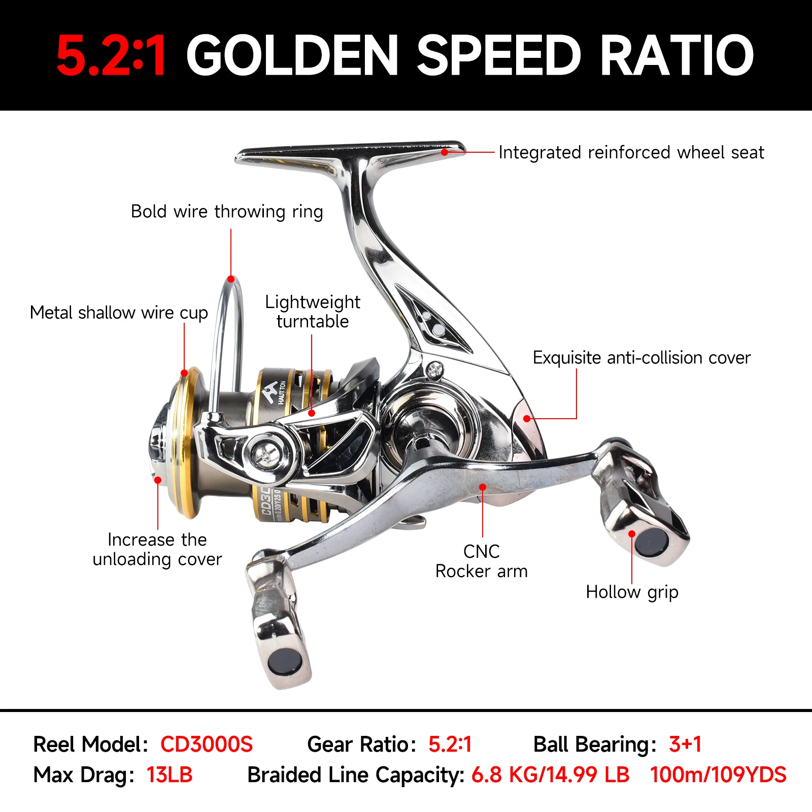 Rueda giratoria de doble brazo CNC, rueda de pesca de Metal 5,2: 1, relación de velocidad, rodamiento de carga, 6KG, especial para caza y pesca al aire libre - imagen 2