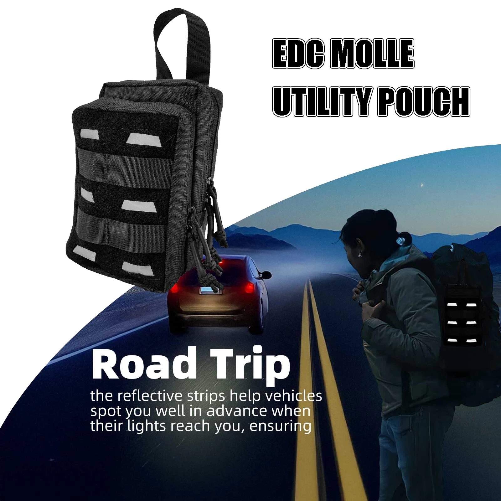 Bolsa de utilidad táctica EDC Molle con tiras reflectantes, bolsa compacta multifuncional resistente al agua, bolsa organizadora de dispositivos