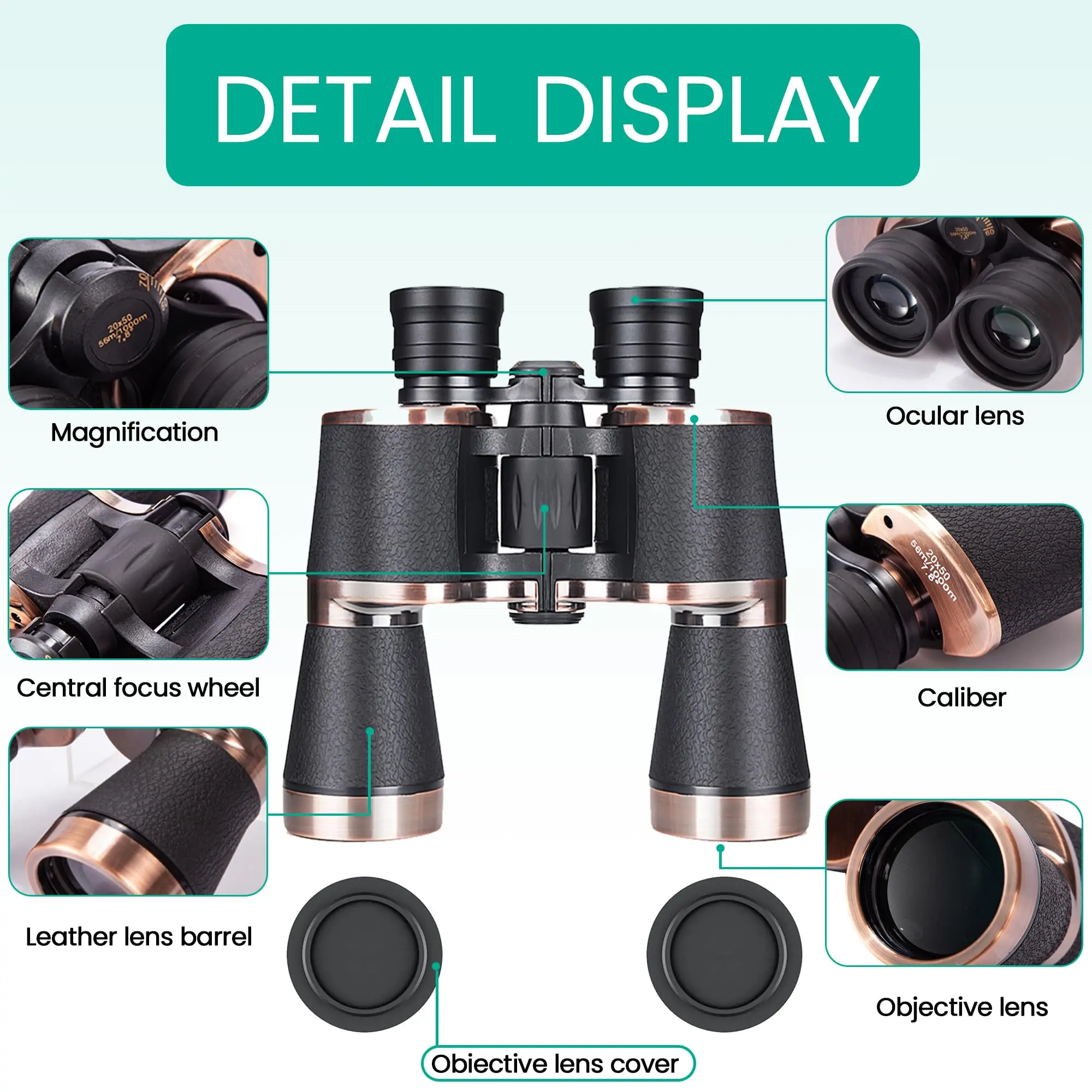 Binoculares HD 20x50 para adultos, binoculares profesionales impermeables, telescopio de visión grande con visión clara y baja luminosidad, deportes al aire libre - imagen 2