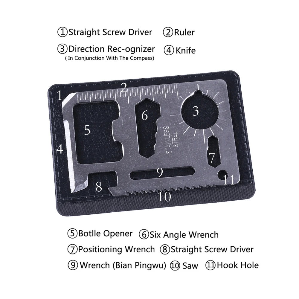 Kit de supervivencia 11 en 1, cuchillo multifunción, herramientas para acampar al aire libre, supervivencia, caza, tarjeta de crédito, plateado - imagen 3