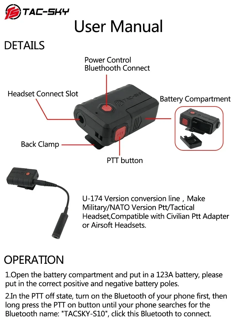TAC-SKY adaptador de auriculares tácticos PTT BluetoothPtt para FCS AMP /MSA Sordin/TCI/PELTO COMTA Airsoft auriculares tácticos de tiro - imagen 5