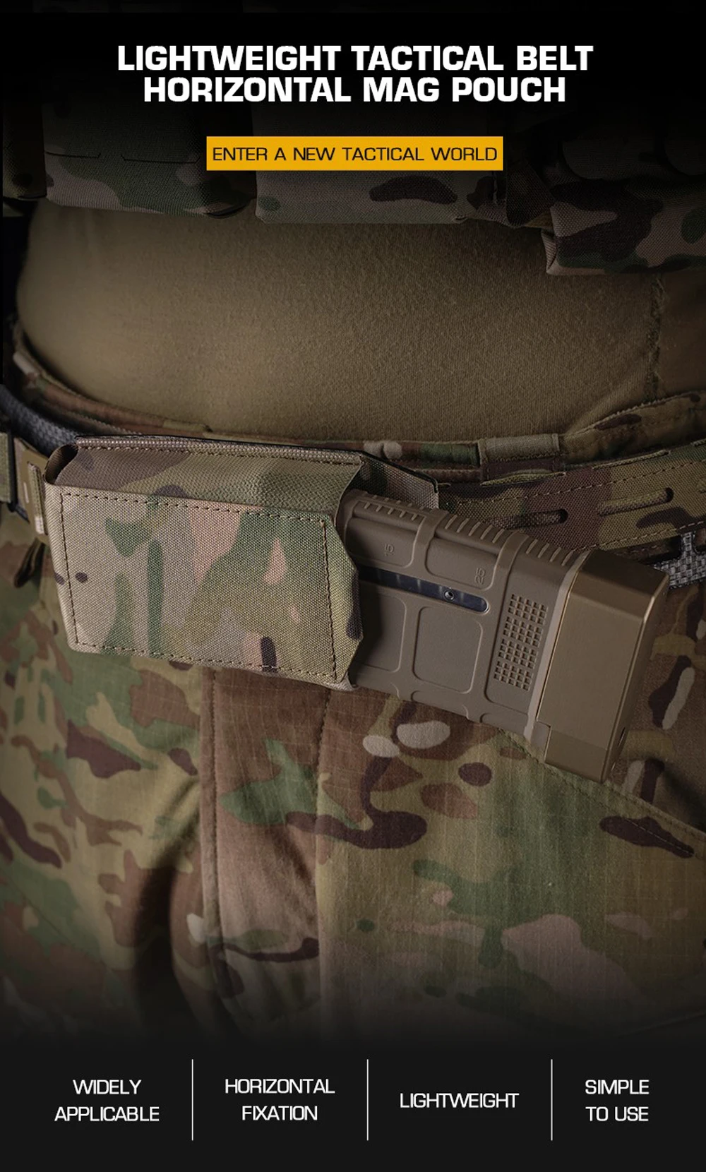 Vista frontal de la bolsa de cinturón táctico KOLINLOV en Multicam