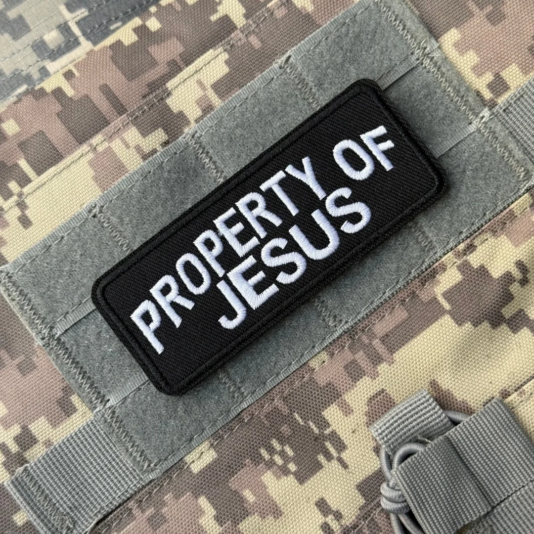 Parche táctico de moral divertida de PROPERTY OF JESUS, apliques militares personalizados, gancho y bucle bordados para ropa, pegatina para mochila