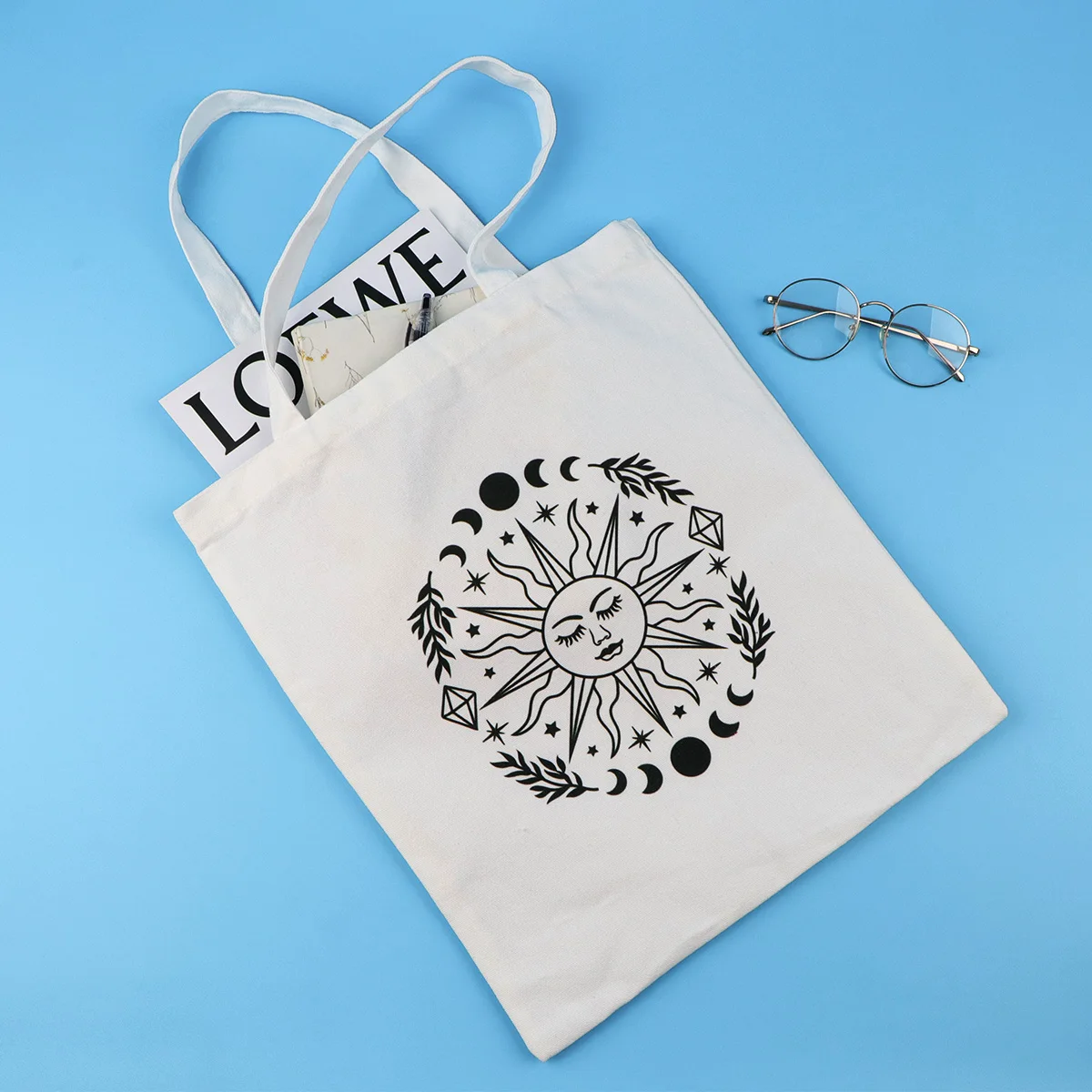 Bolso de lona de sol y luna, bolso de mano plegable, organizador de almacenamiento portátil, bolso de compras para mujer, bolso de hombro de colegio