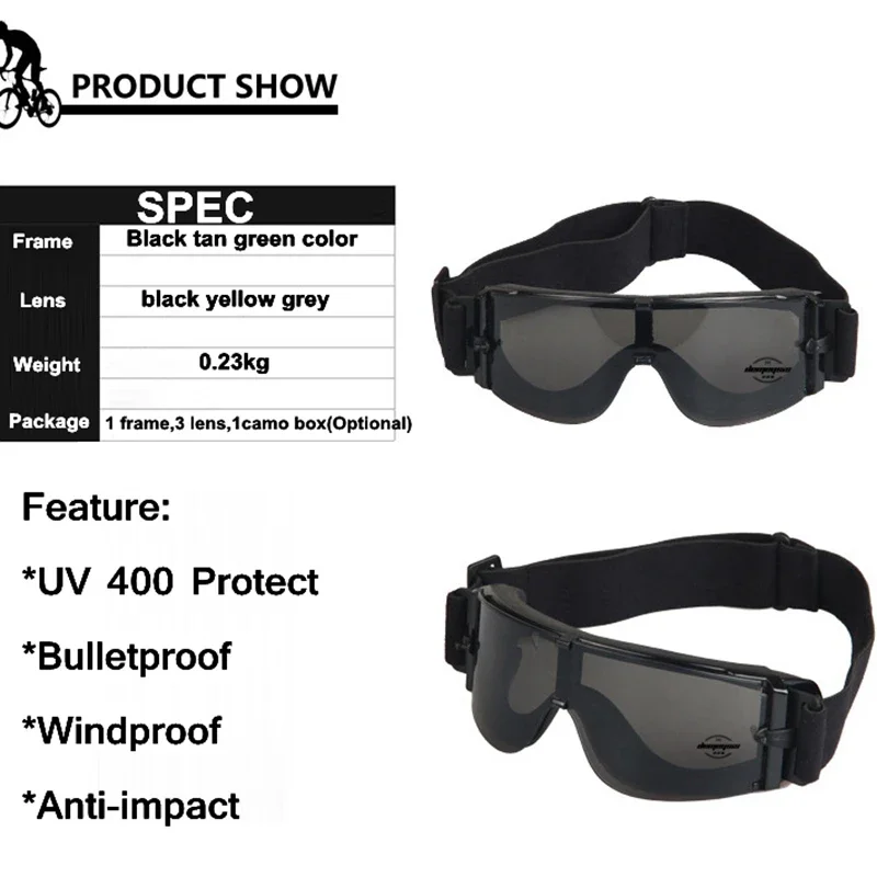 Gafas tácticas con 3 lentes, protector ocular para exteriores, para juego de guerra, Airsoft, tiro, senderismo - imagen 2