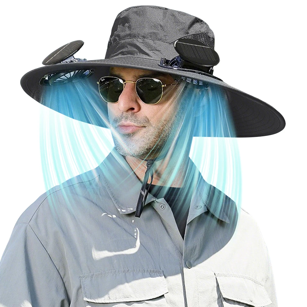 Sombrero de sol de ala ancha para exteriores con 2 ventiladores solares, sombrero de cubo para el sol, gorra de pesca para hombres y mujeres UPF 50+, gorra de cubo para caza y Camping - imagen 2