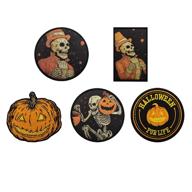 Brazalete victoriano de otoño tejido para Halloween, parches tácticos con estampado de calavera y calabaza, pegatinas para ropa con gancho y bucle - imagen 2