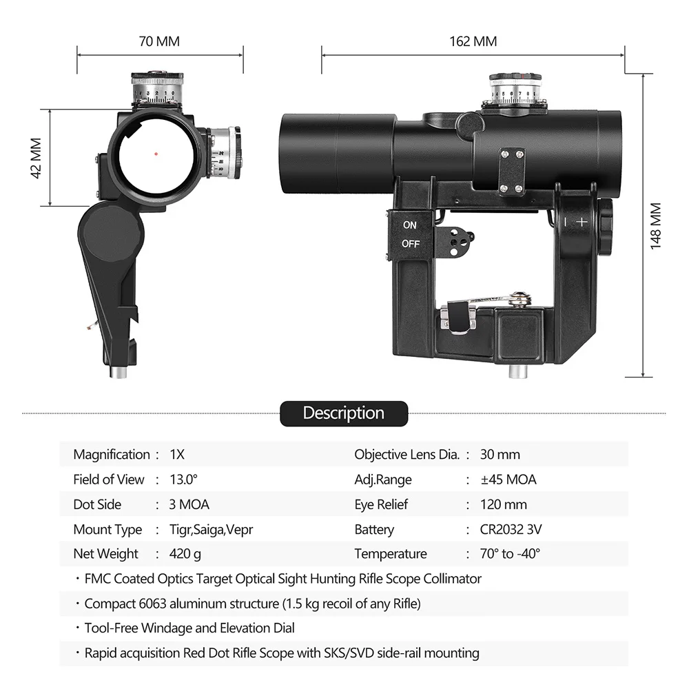 SVD-Rifle de caza táctico Serie AK, mira compacta de punto rojo con montaje lateral, 1x30 - imagen 2