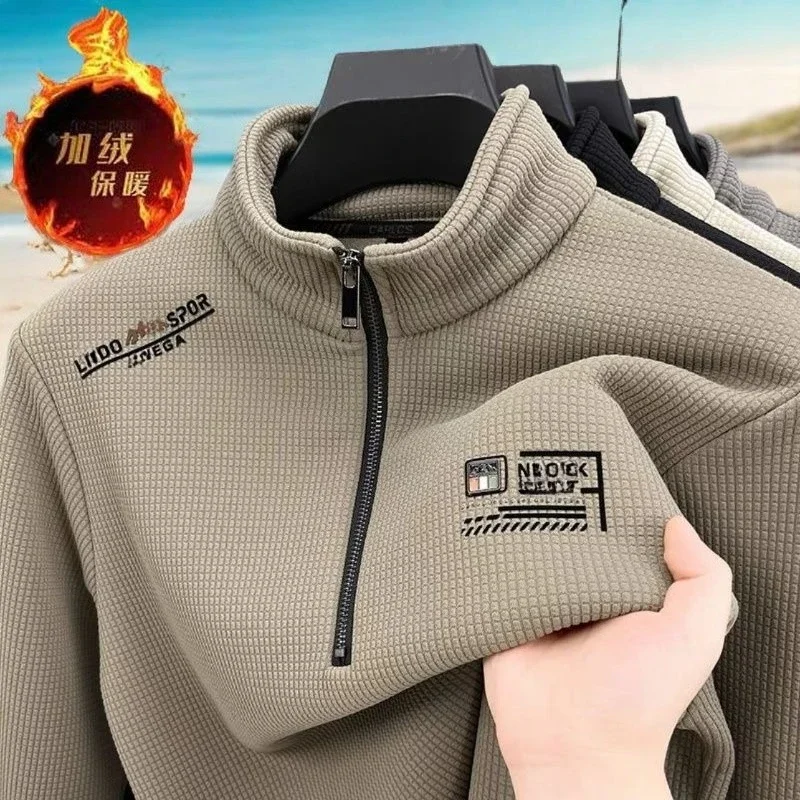 Sudaderas con forro polar para hombre, suéter Vintage con estampado de media cremallera y textura a cuadros, jersey cálido de lana gruesa, sudaderas de cuello alto de lujo