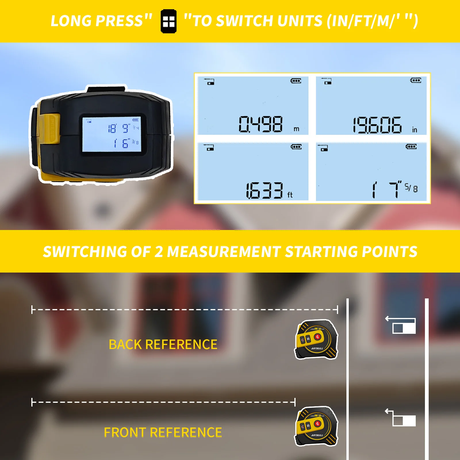 Telémetro láser multifunción 2 en 1, recargable, 80m, 40m con cinta de 5m, pantalla LCD con retroiluminación, cinta métrica láser - imagen 4