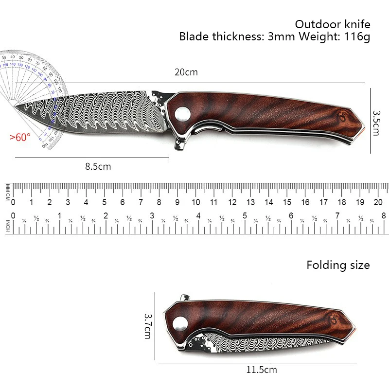 Cuchillo plegable de acero de Damasco forjado VG10, cuchillo con plumas de acero portátil, cuchillo de fruta para exteriores, cuchillo plegable grande - imagen 4