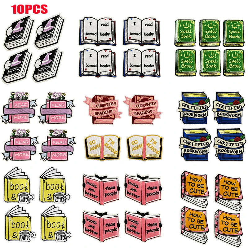 10 Uds. Parche de dibujos animados/libro, parches bordados para ropa, parches para planchar para ropa, chaquetas DIY, pantalones vaqueros, insignias bordadas para coser