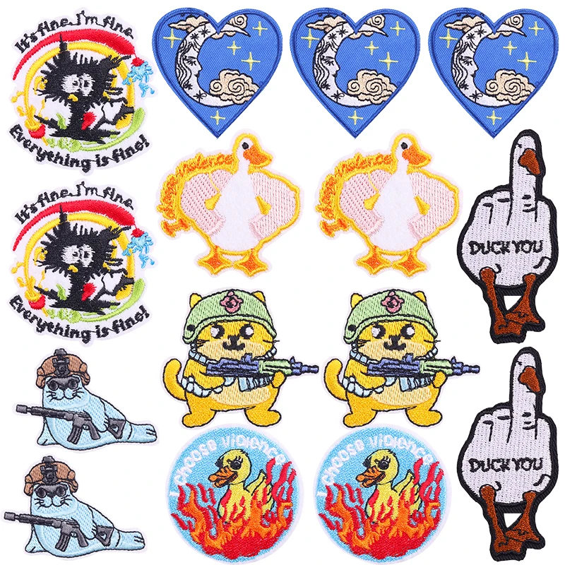 10 unids/lote parches bordados de gato pato para ropa Luna hierro en parches para ropa parche termoadhesivo pegatinas de decoración DIY