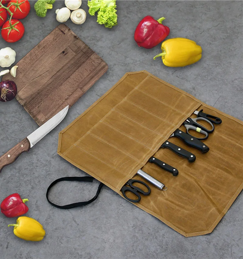 Bolsa de almacenamiento de cuchillos de lona impermeable, rollo de almacenamiento portátil para chef, duradero y resistente a los arañazos, simple para viajes al aire libre - imagen 4