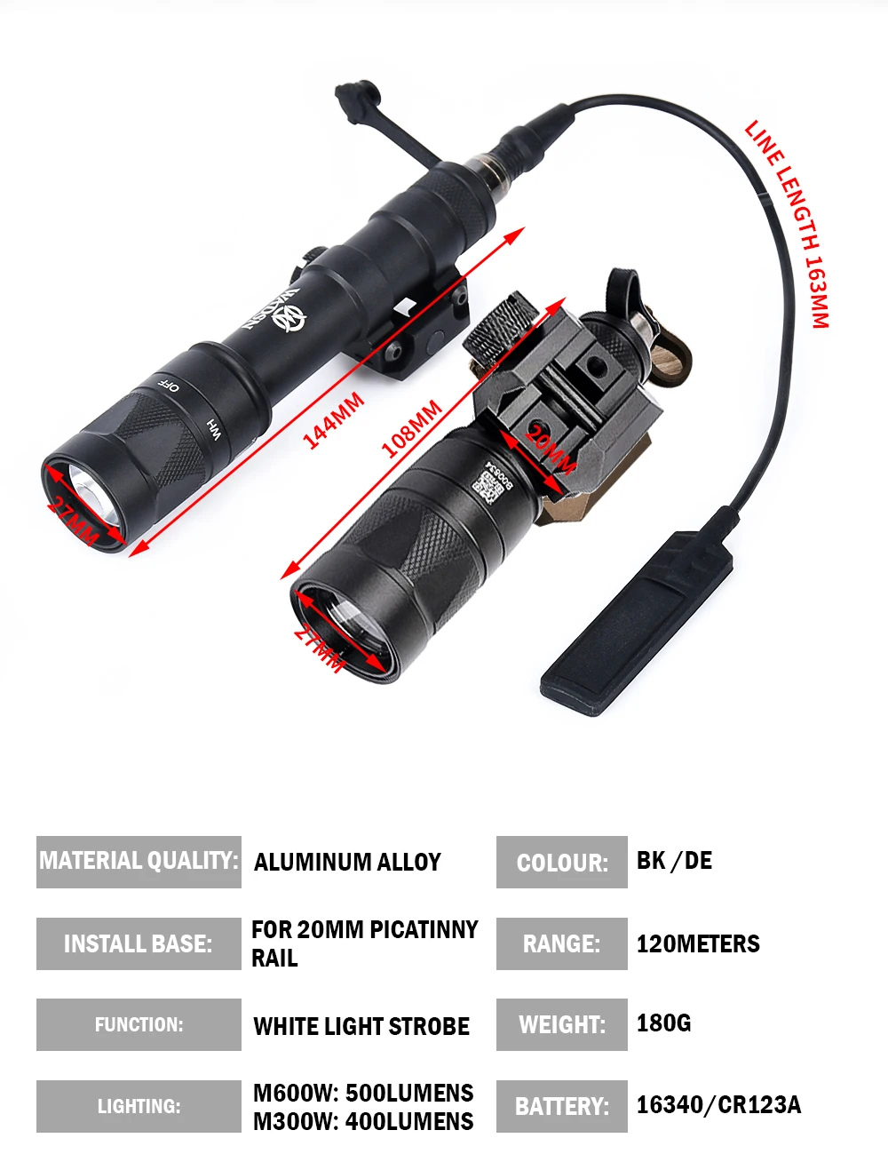 Surefir-linterna estroboscópica táctica de Metal, luz de arma de caza, interruptor de presión momentáneo, Riel de 20mm, M300W, M600W - imagen 5