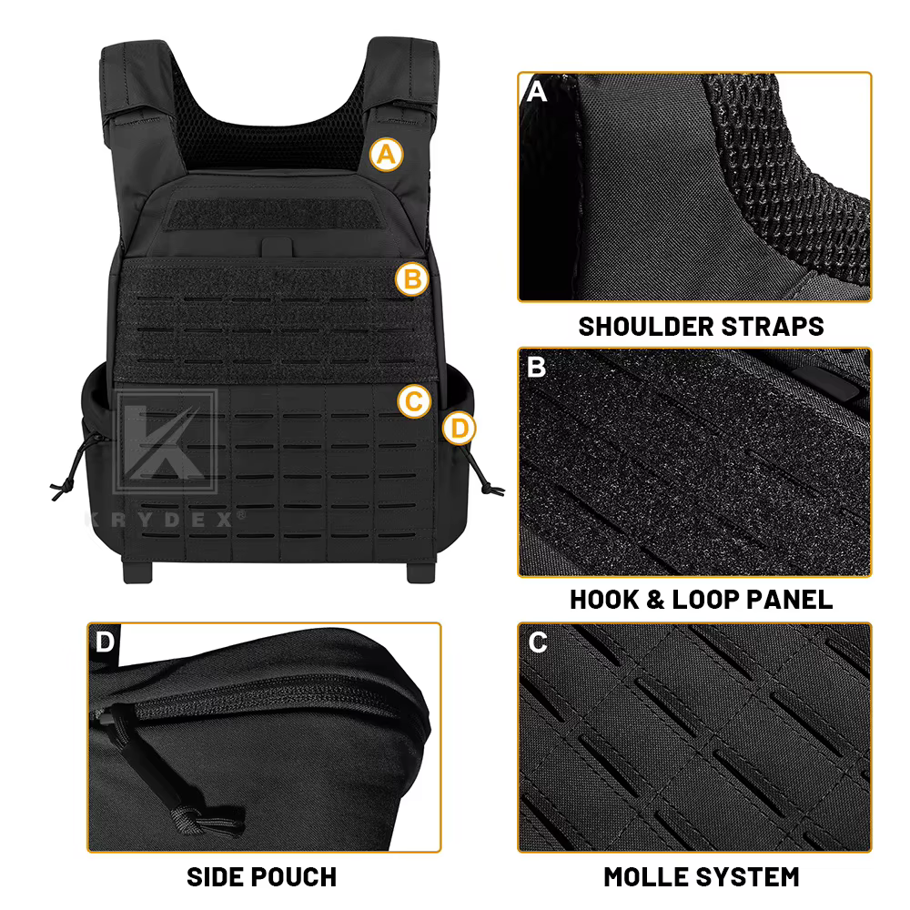 Detalle del sistema MOLLE y bolsillos del chaleco KRYDEX