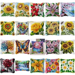 Kits de gancho de pestillo de girasol, funda de almohada Smyrna, paquete de almohada con nudo, accesorios y materiales para manualidades de plantas, paquete de botones, cojín