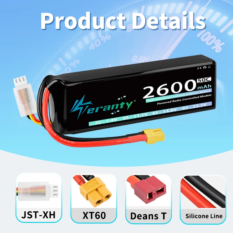 1/2 Uds Teranty 2S 7,4 V 2600mAh 50C/100C batería Lipo con conector T XT60 para Dron FPV helicóptero RC coche camión barco avión - imagen 3
