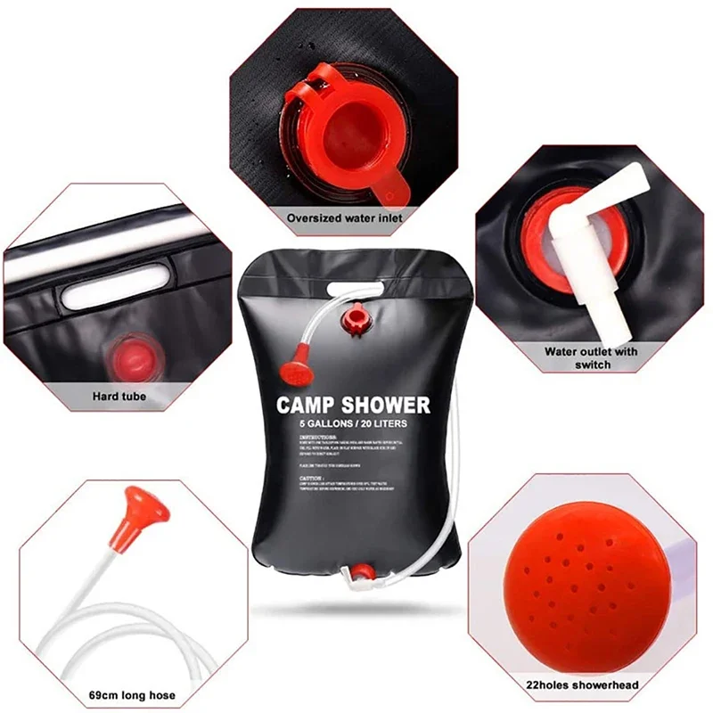Bolsa de agua plegable para acampada al aire libre, accesorios de ducha Solar, compacta, 20L - imagen 3
