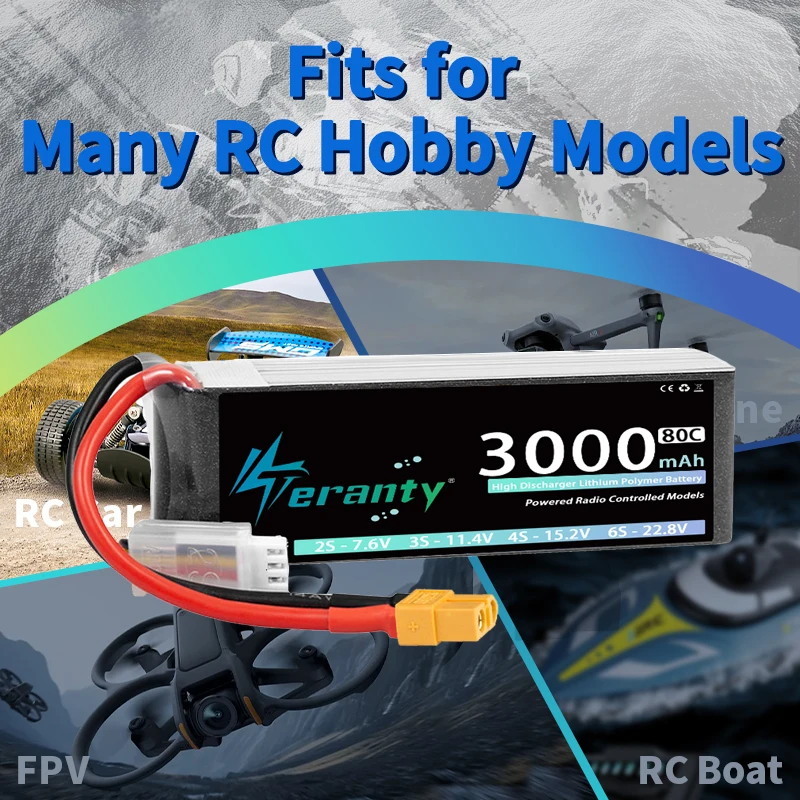 2 uds TERANTY 2S Lipo batería 7,4 V 7,6 V 3000mAh 60C 80C con enchufe T XT60 para Dron FPV RC camiones barco helicóptero avión - imagen 2