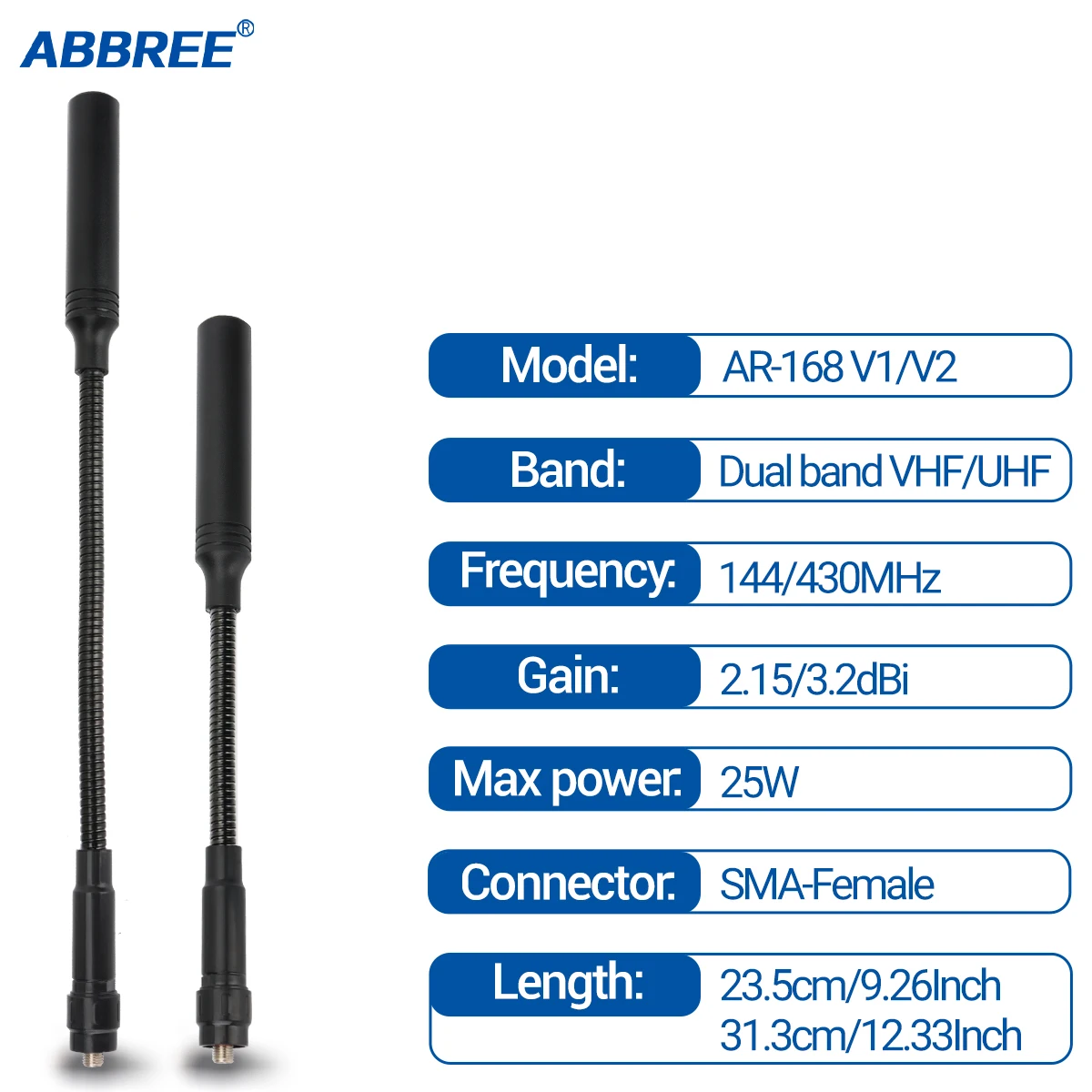 ABBREE AR-168 antena de cuello de cisne SMA-hembra de doble banda antena táctica de alta ganancia para Baofeng Walkie Talkie UV-5RH Quansheng UV K5 - imagen 2