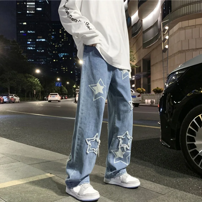 Pantalones vaqueros de pierna ancha para hombre, pantalón informal con bordado de estrellas, recto, holgado, estilo Hip Hop, ropa de calle Vintage - imagen 2