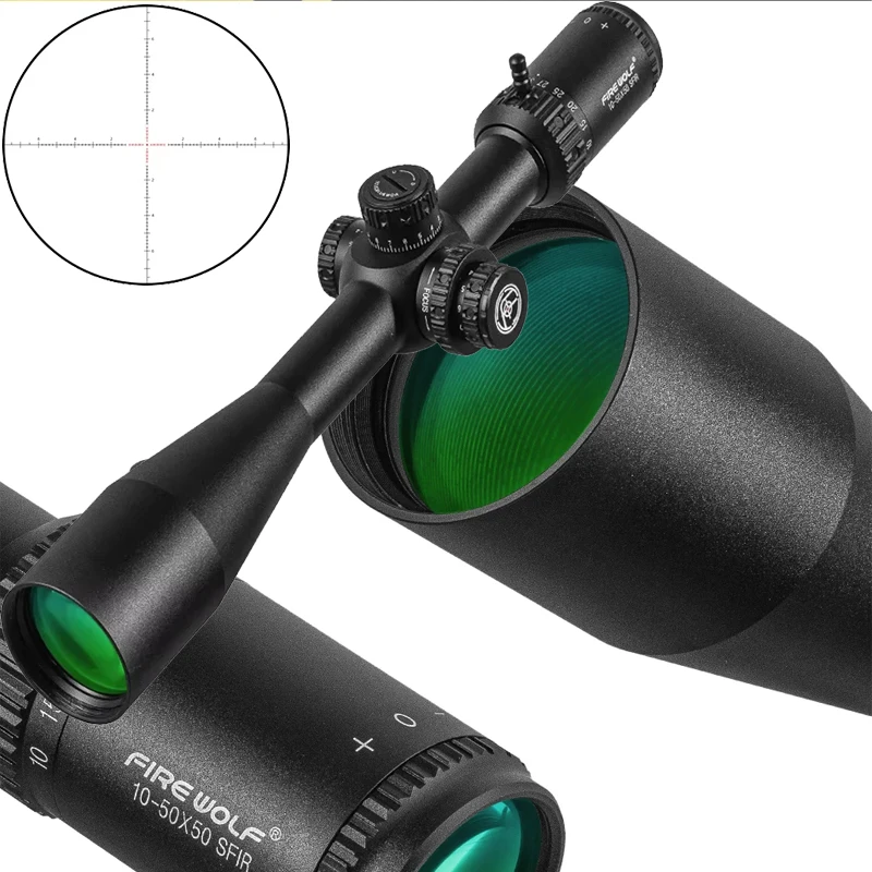 FIRE WOLF 10-50X50 SFIR alcance caza alcance vidrio rojo iluminación retícula lateral parallax torreta bloqueo reinicio