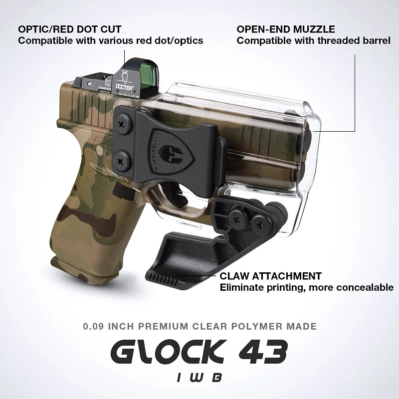 Fundas transparentes Glock 43 IWB con garra aptas para pistola Glock 43/43X Glock, no aptas para bolsas tácticas de pistola de mano derecha MOS - imagen 3