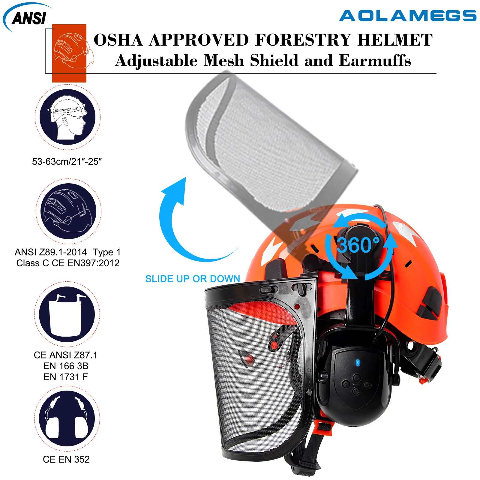 Cascos de seguridad forestales CE con Bluetooth 5,0, gafas integradas, orejeras, protección facial de malla, registro, ABS, motosierra, casco duro, gorro de trabajo - imagen 3