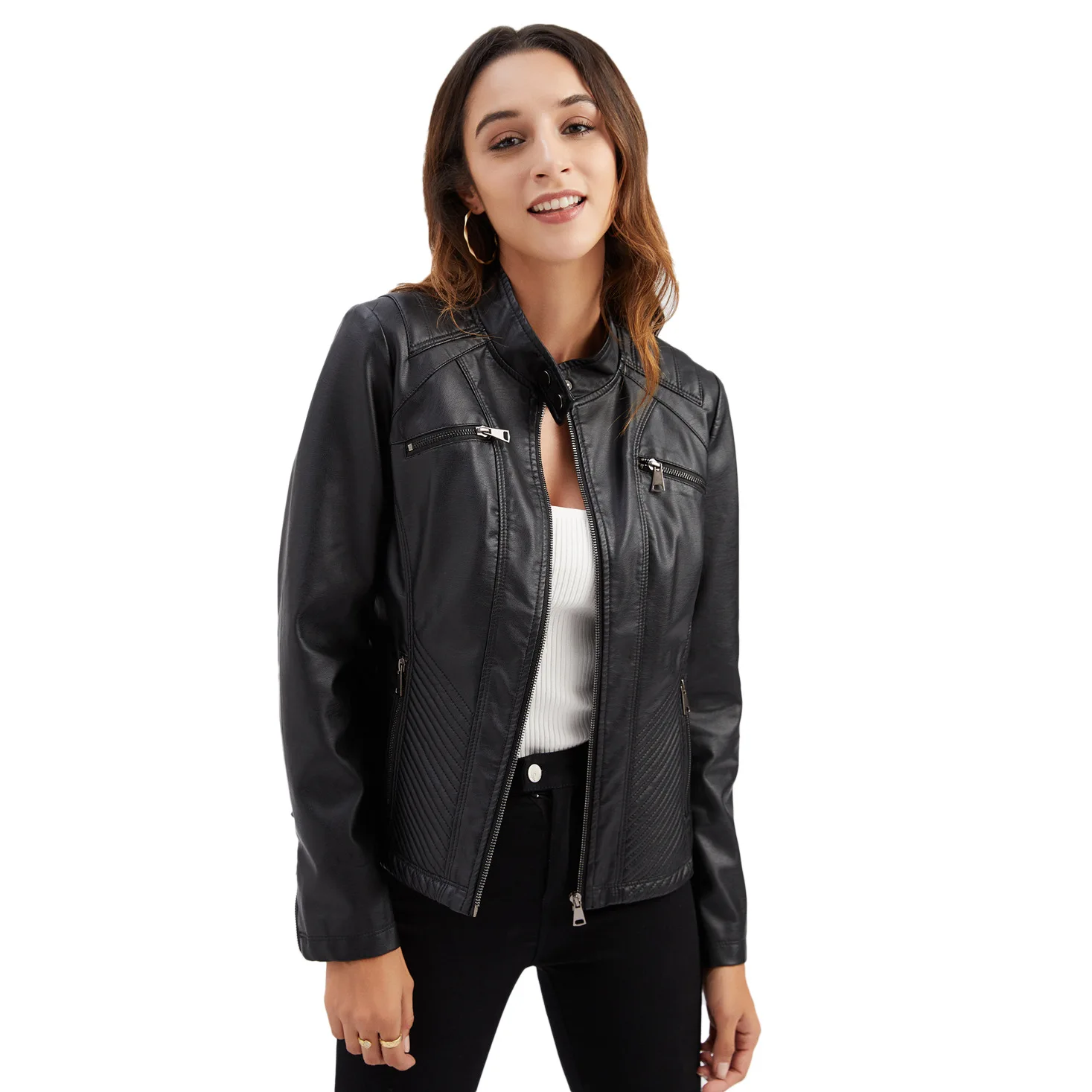 Chaqueta de piel sintética con cuello levantado para mujer, abrigo informal de motocicleta con cremallera, prendas de vestir femeninas, primavera y otoño - imagen 3