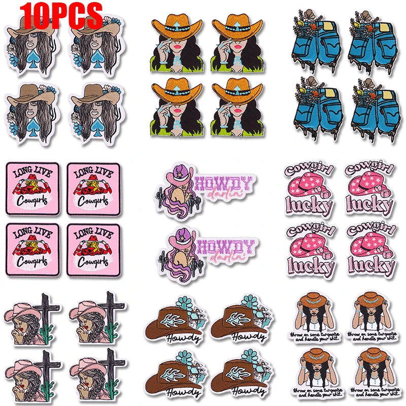 10 Uds. Parche de vaquera occidental, parches bordados de dibujos animados, parches para planchar para ropa, mochila, chaquetas, sombreros, apliques bordados